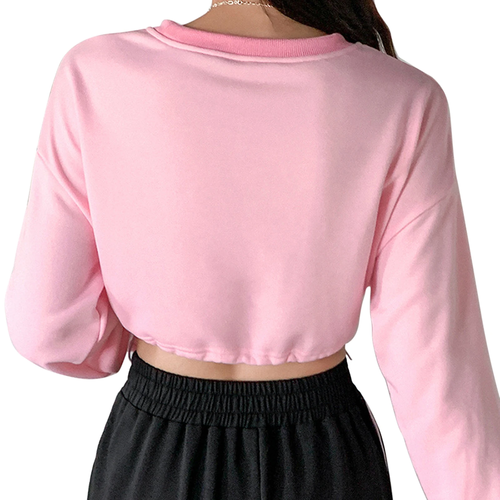 

Women Fashion Long Sleeve Letter Embroidery Tops Stylish Drawstring Crop Top for Ladies