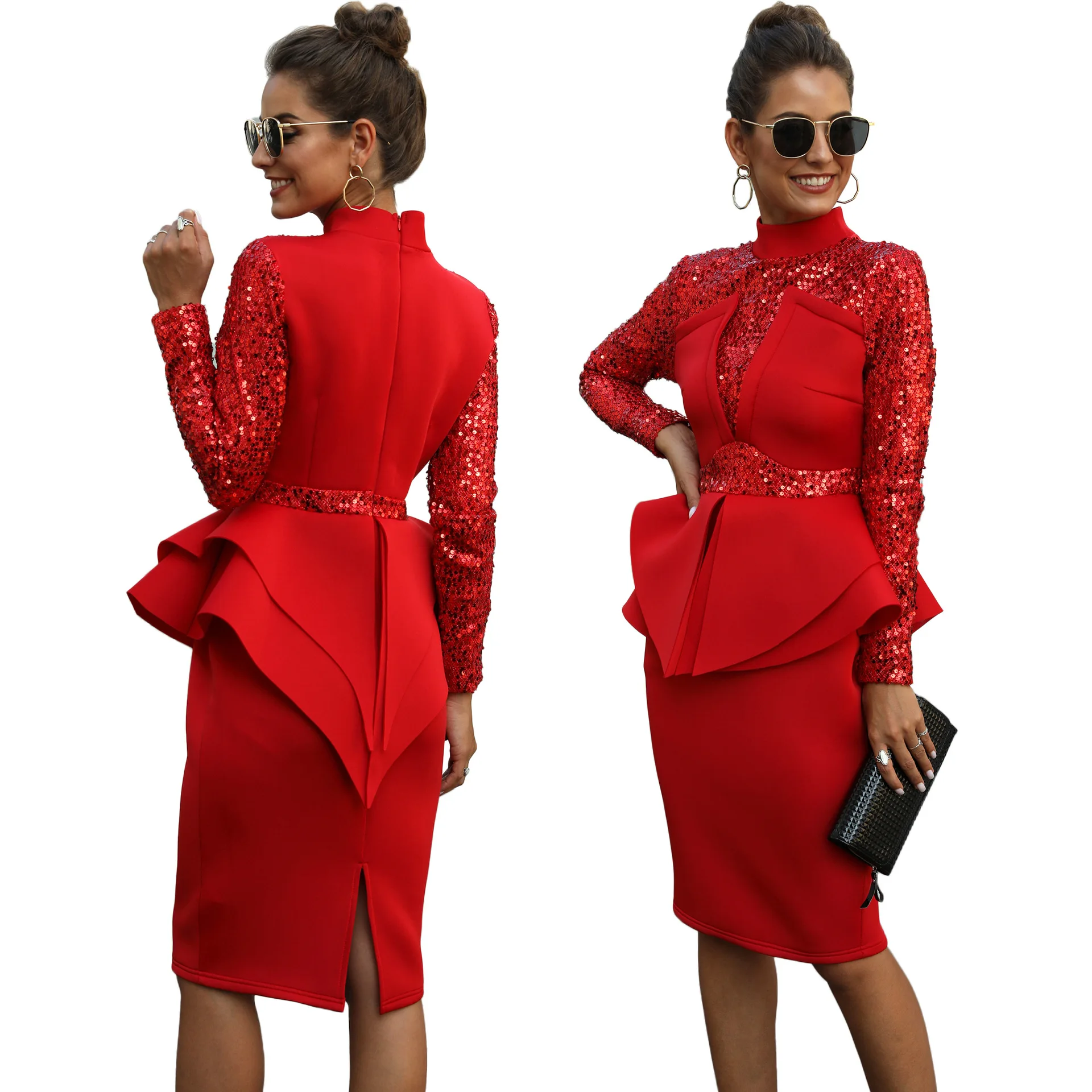 2019 autumn elegent women regular solid sequined long sleeve plus size knee-length dress | Женская одежда