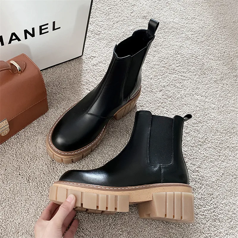 

Meotina Women Chelsea Boots Shoes Genuine Leather Platform High Heel Ankle Boots Block Heels Slip On Short Boots Autumn Winter