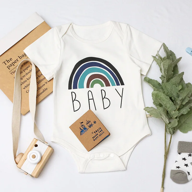 

2022 New Baby Girls Boys Bodysuit Round Collar Short Sleeves Rainbow Baby Cotton Jumpsuit Newborn Casual Clothes