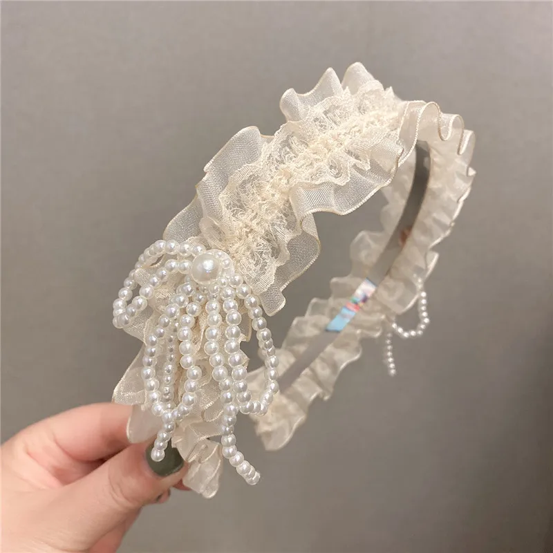 

Korean Style New Simple Bilateral Round Bead Bowknot Lace Wide Fringe Fold Headband Headgear for Women Fashion Hair Accessories