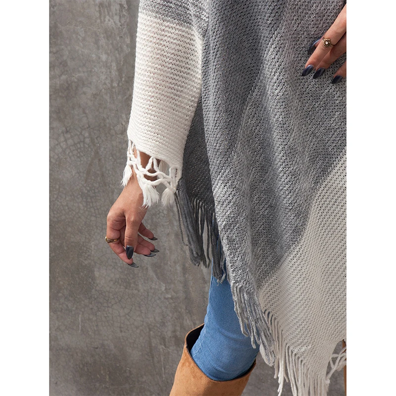 

Women Knit Loose Cloak Shawl Fall Wraps Contrast Color Top Fashion Long Bat Sleeve Wide Neck Striped Tassels Balls Sweater