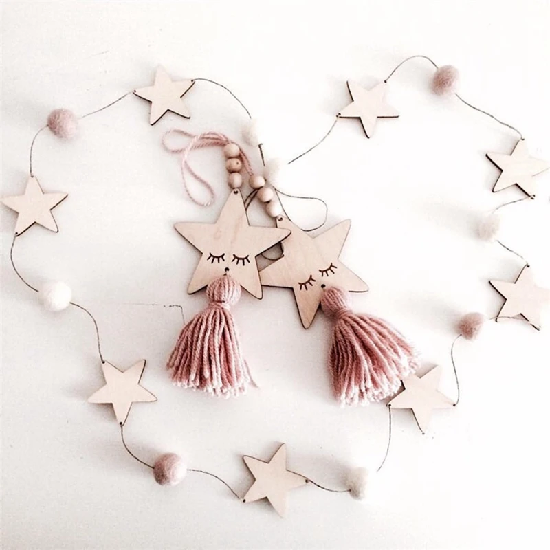 Star Hair Ball String INS Nordic Style Wooden Wool Felt Balls Stars Hanging Ornament Strings Baby Shower Wedding Home Decoration | Дом и сад