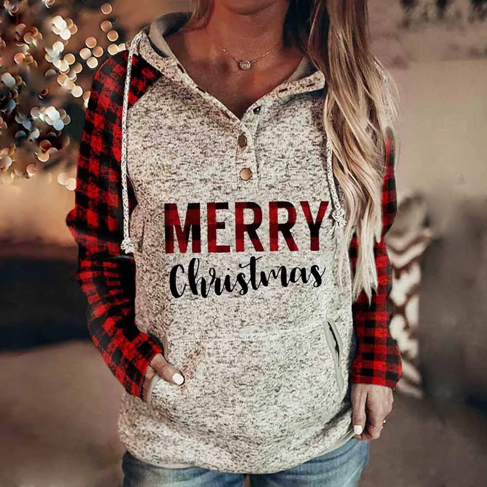 

Свитер женский Рождественский с капюшоном, Повседневный пуловер с длинным рукавом, на пуговицах, с воротником и карманами, одежда для Рожде...