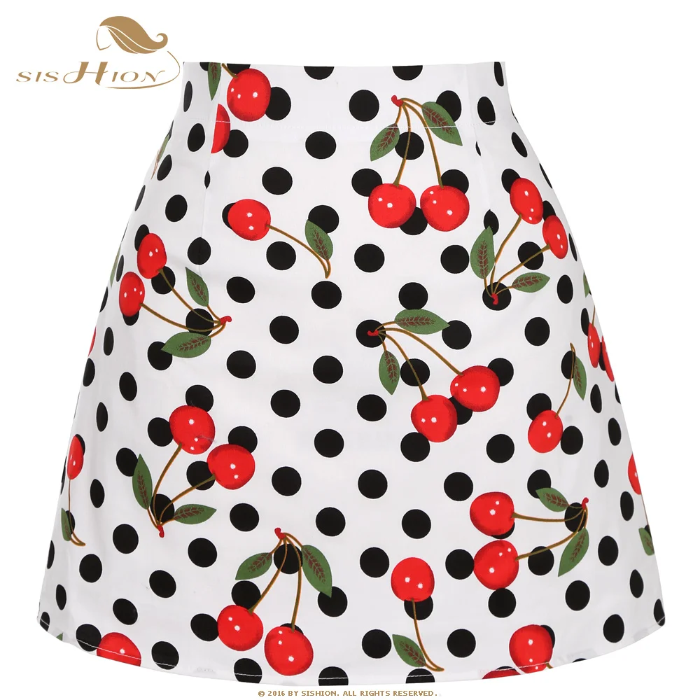 

SISHION Vintage 50s 60s Women Cherry Polk Dot Skirt ummer New Floral Print Flower Slim Skirts SS0008