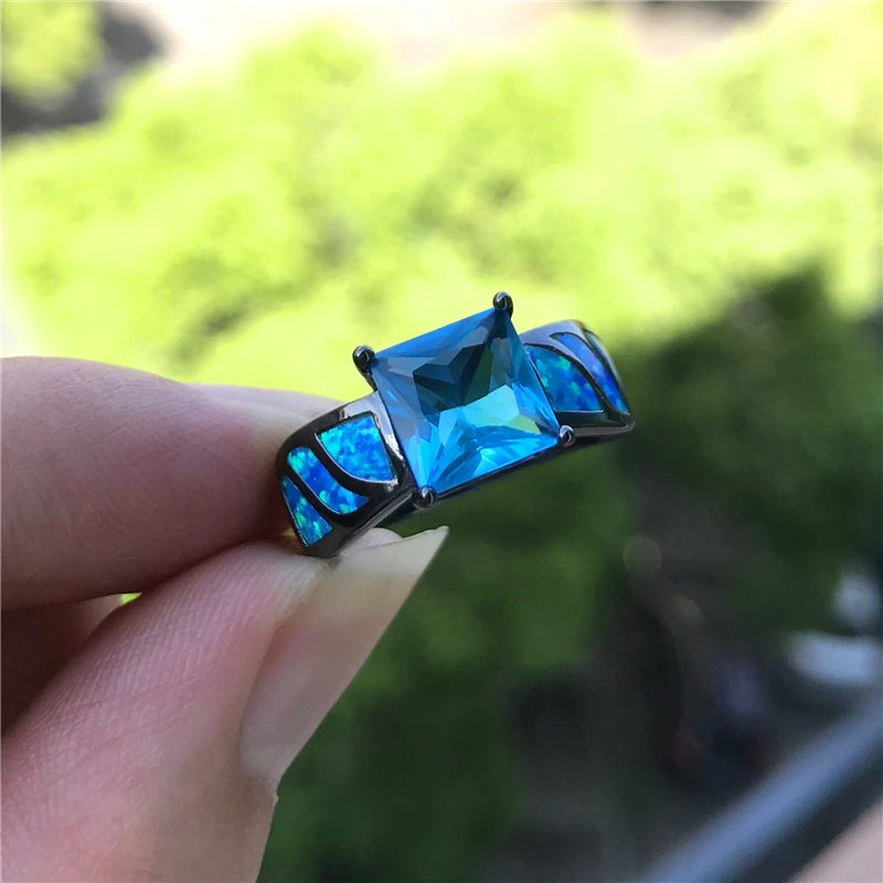 

Classic Female Purple Square Crystal Ring Charm 14KT Black Gold Color Wedding Rings For Women Dainty Blue Opal Engagement Ring