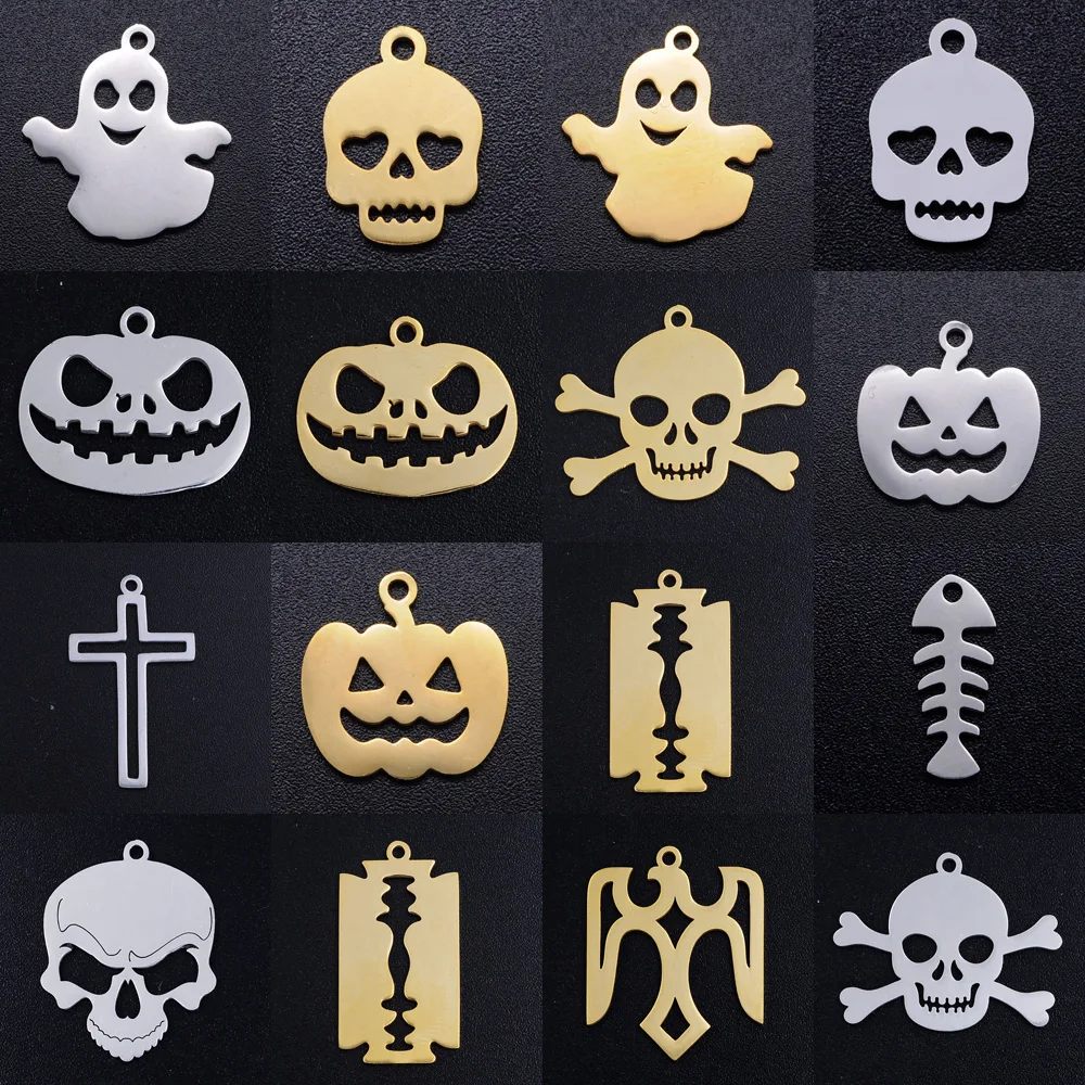 5pcs/lot diy gothic skull blade stainless steel charm pendant wholesale halloween ghost pumpkin jewelry bracelet charms