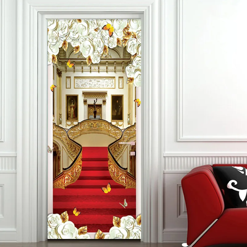 Наклейка на дверь в Европейском стиле 3D обои с изображением лестницы красного