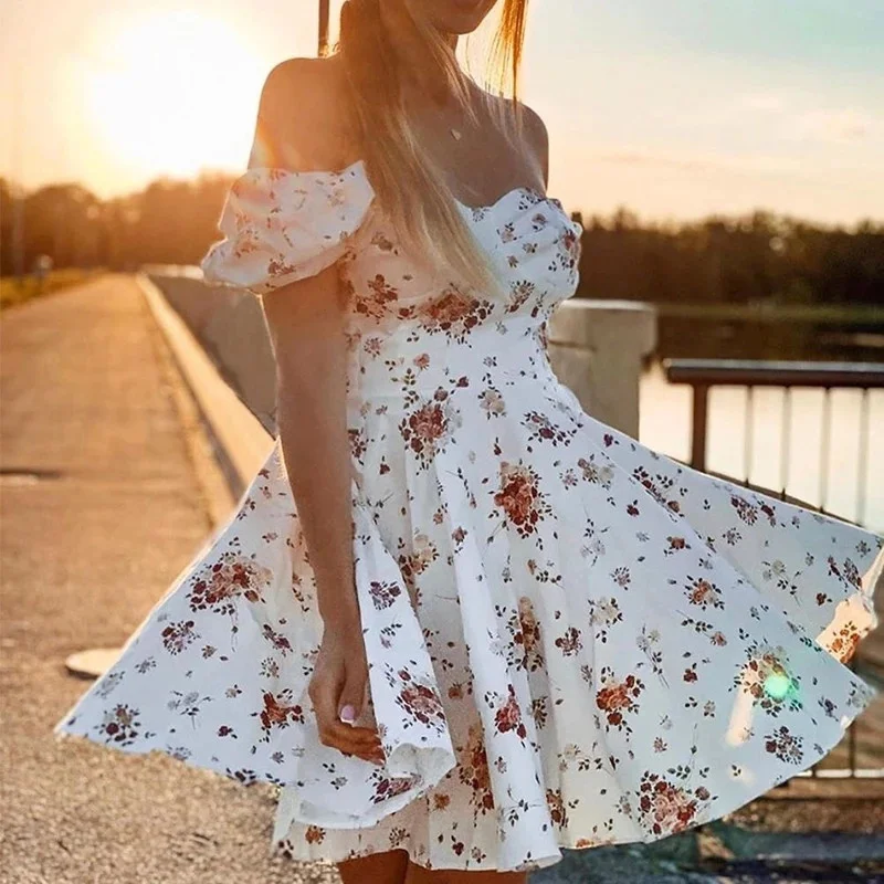 

Flower Print White Dress Women Short Puff Mini Sundress Sexy Square Collar Woman High Waist Party A-Line Dress 2021 Summer