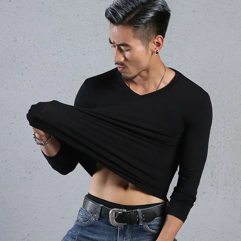 Мужская футболка с V-образным вырезом и длинным рукавом из чистого хлопка | одежда