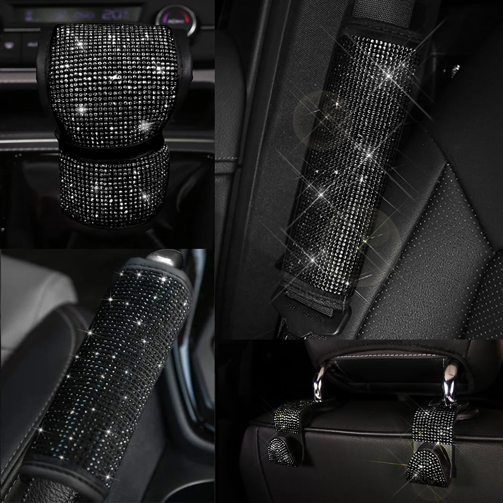 Black Diamond Crystal Car Gear Shift Cover Glitter Rhinestone Auto Shifter Hand Brake Cover Bling Car Interior Accessories