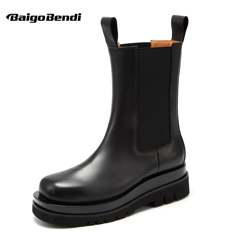 

Size 37-44 Classical High End Full Grain Leather Chelsea Boots Mid-calf Slip On Thick Heel Boots Man Trendy Winter Shoes