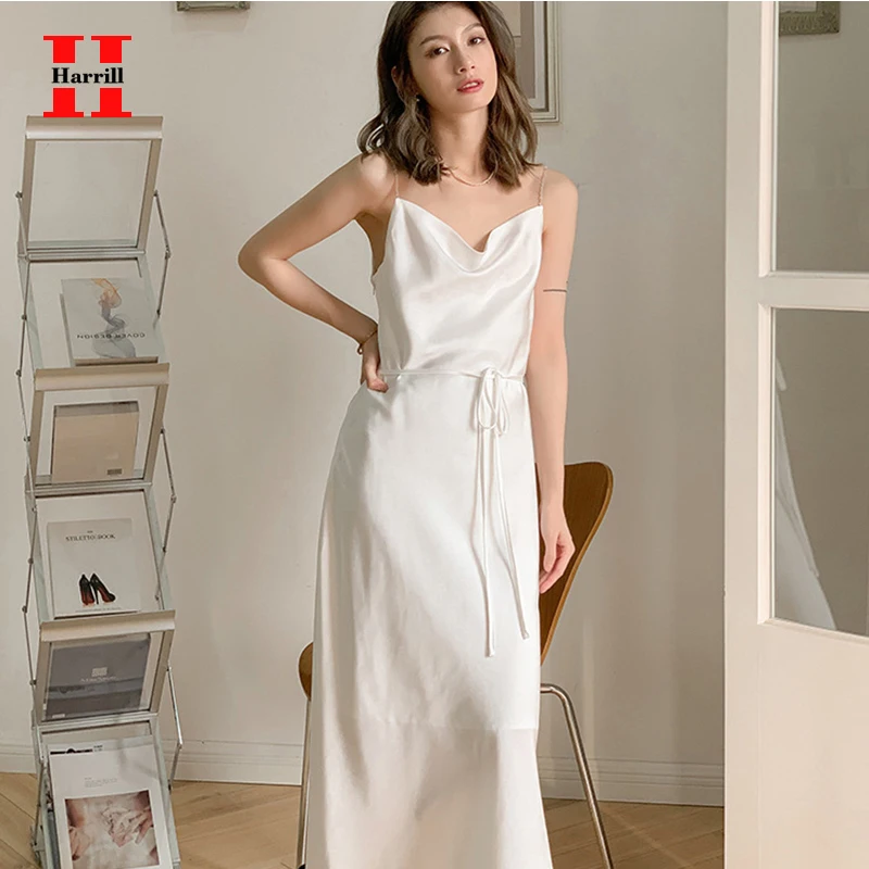 

White Dress Women Clothes Casual Belt Slash Neck Dresses Ladies Ankle-Length Vestidos A-Line Solid Color Dress Summer Female