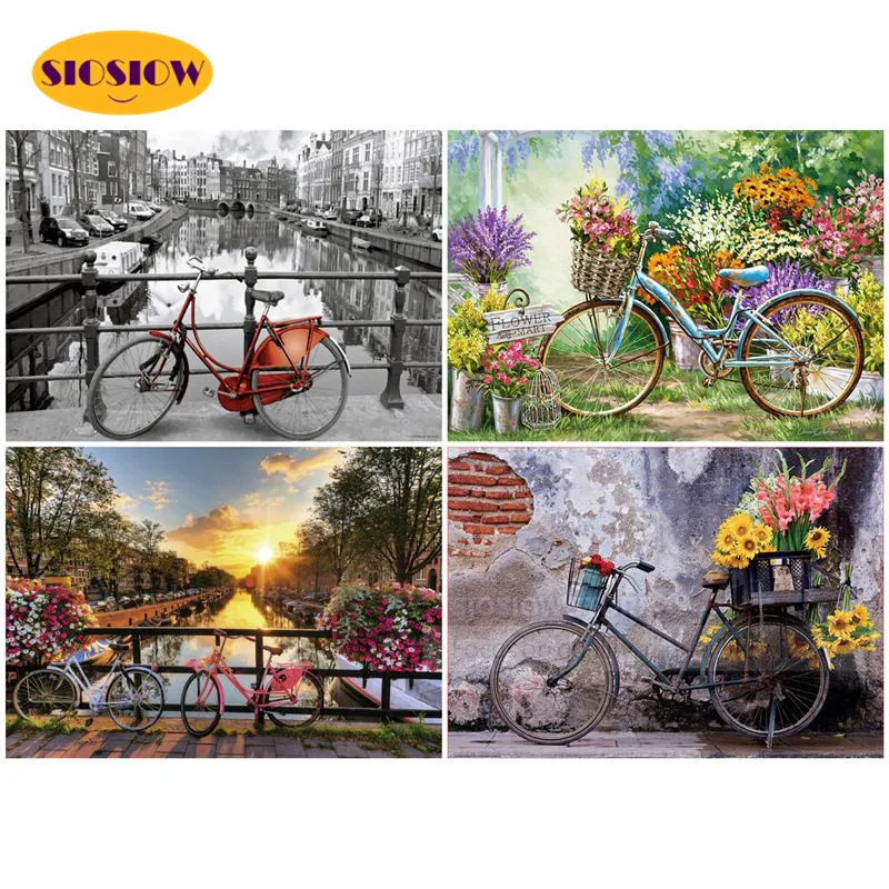 5D DIY алмазная живопись цветы велосипед камни в форме ромба вышивка крестиком