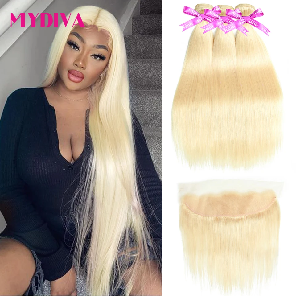 

613 Bundles With Frontal Blonde Straight Hair 3 Bundles With Closure Remy Human Hair 30 Inch Bundles With Frontal 13*4 Mydiva