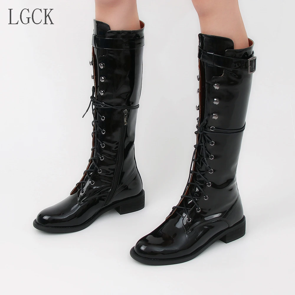 Женские сапоги до колена на застежке молнии из лакированной кожи размеры 34