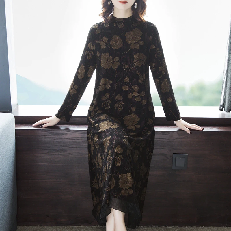 

2021 Winter Loose Plus Size Floral Warm Maxi Dress Autumn Casual Vintage Midi Sequins One Piece Dresses For Elegant Women Party