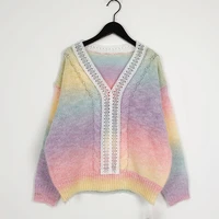 sweaters for girls rainbow stripe tie dye knit tops v neck women jumpers autumn winter korean oversized sweet pullovers female
