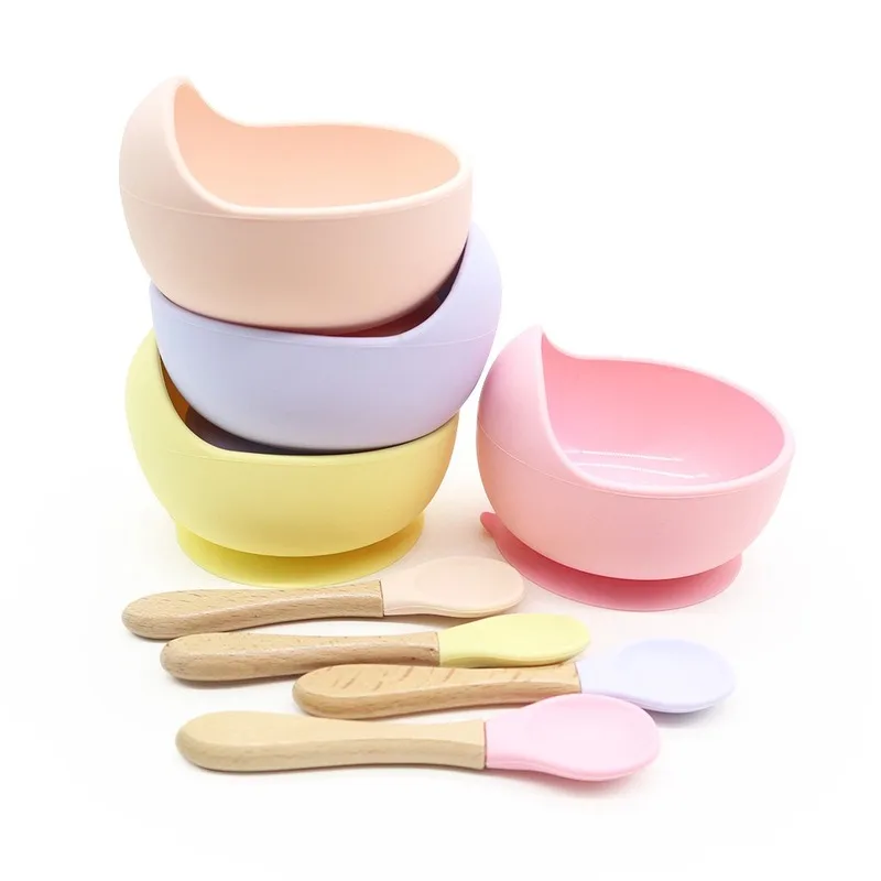 

Baby Silicone Feeding Set Wooden Spoon Suction Bowl Baby Plate Kids Toddler Assist Tableware BPA Free High Quality Silicone