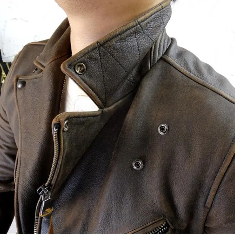 

2021 Retro Brown American Men Short Biker's Leaher Jacket Large Size 3XL Genuine Cowhide Autumn Slim Fit Motorcycle Coat