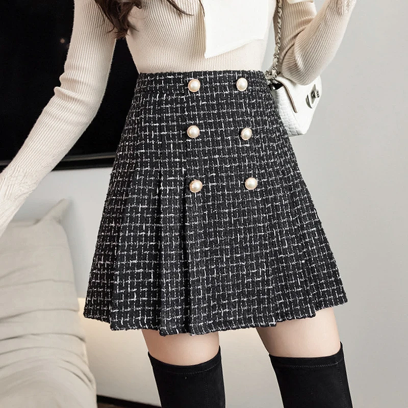 

Women Korean Slim Mini Skirts Lady Autumn Winter Fashion Harajuku High Waist A-Line Plaid Button Pleated Skirt Casual Streetwear