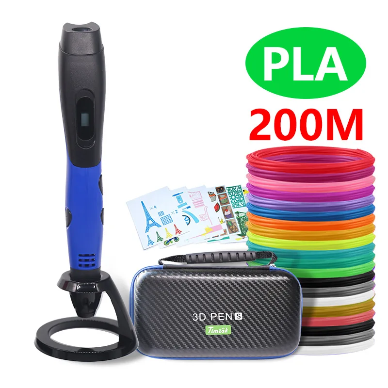 Blue with pla200m Модная 3d-ручка, 3d-ручка для принтера и пластиковый Пластик PLA/ABS, можно использовать на открытом воздухе, питание от USB,, сумка, подарок на Рождество - Цвет: Blue with pla200m