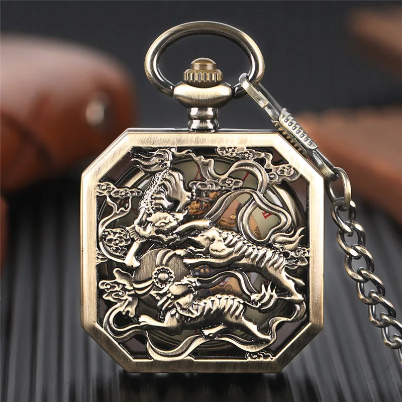 Antique Bronze Pocket Watch Hollow Double Tigers Men Women Handwinding Mechanical Watches with Fob Pendant Chain Clock Gifts antique golden ball wings snitch pocket watches quartz movement pendant clock mini watch sweater chain clock men women gifts