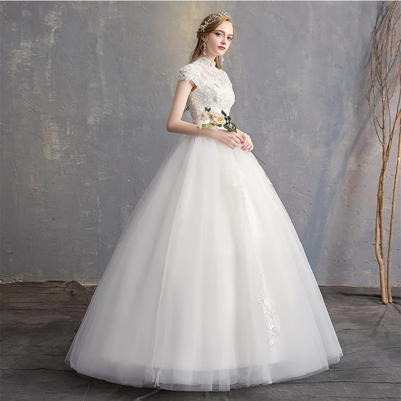 Vestido de Casamento Nupcial de Luxo Rendas até Vestidos de Casamento sem Mangas Tamanho Grande Alta Pescoço Cerimônia 4 Vestidos de Noiva