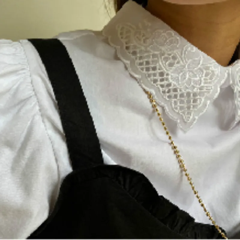 

Women's Trendy Shirts Solid Hollow Out Turn Down Collar Back Single Breasted Puff Sleeves Vintage Shirt Autumn Spring 2021