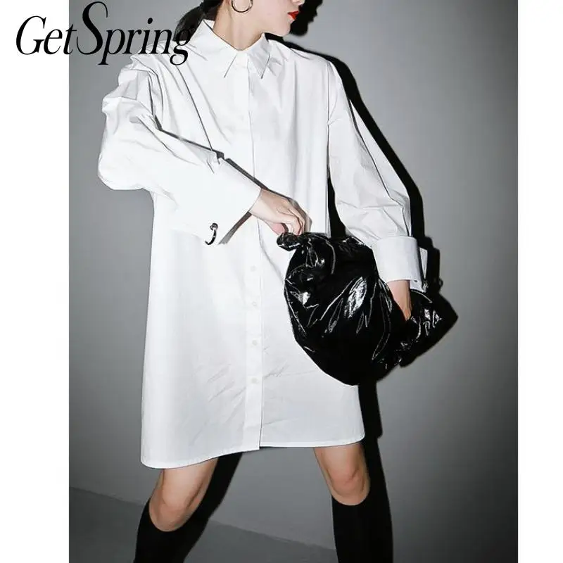 Женское Хлопковое платье Getspring белое Повседневное рубашка с длинным рукавом