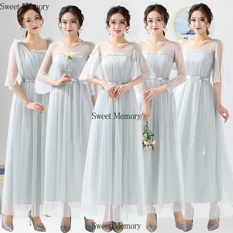 

N2038 Wholesale Cheap Light Gray Blue Long Bridesmaid Dress Pink Red Party Graduation Robes For Women Sweet Memory