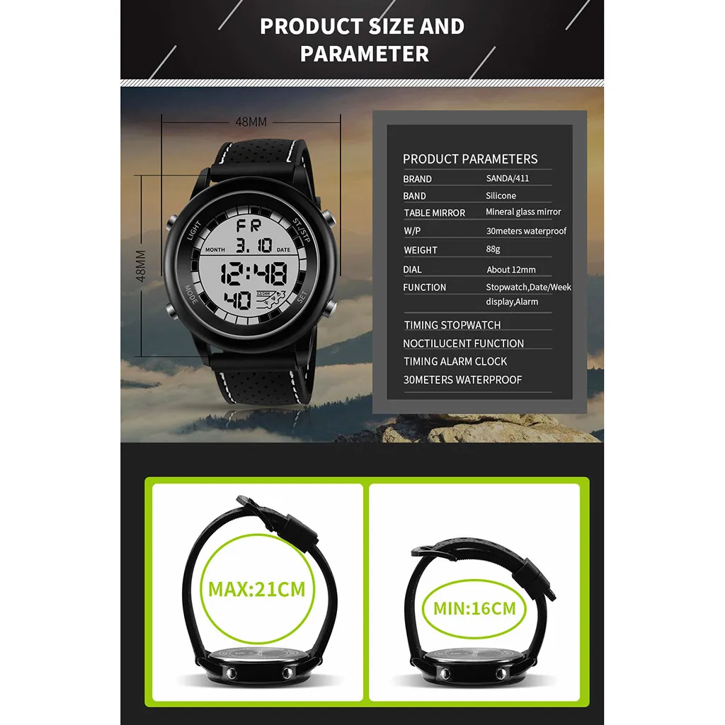 

Zegarek Sanda Men Electronic Watches Waterproof Dual Display Analog Digital LED Display Male Wrist Clock Reloj Hombre homme