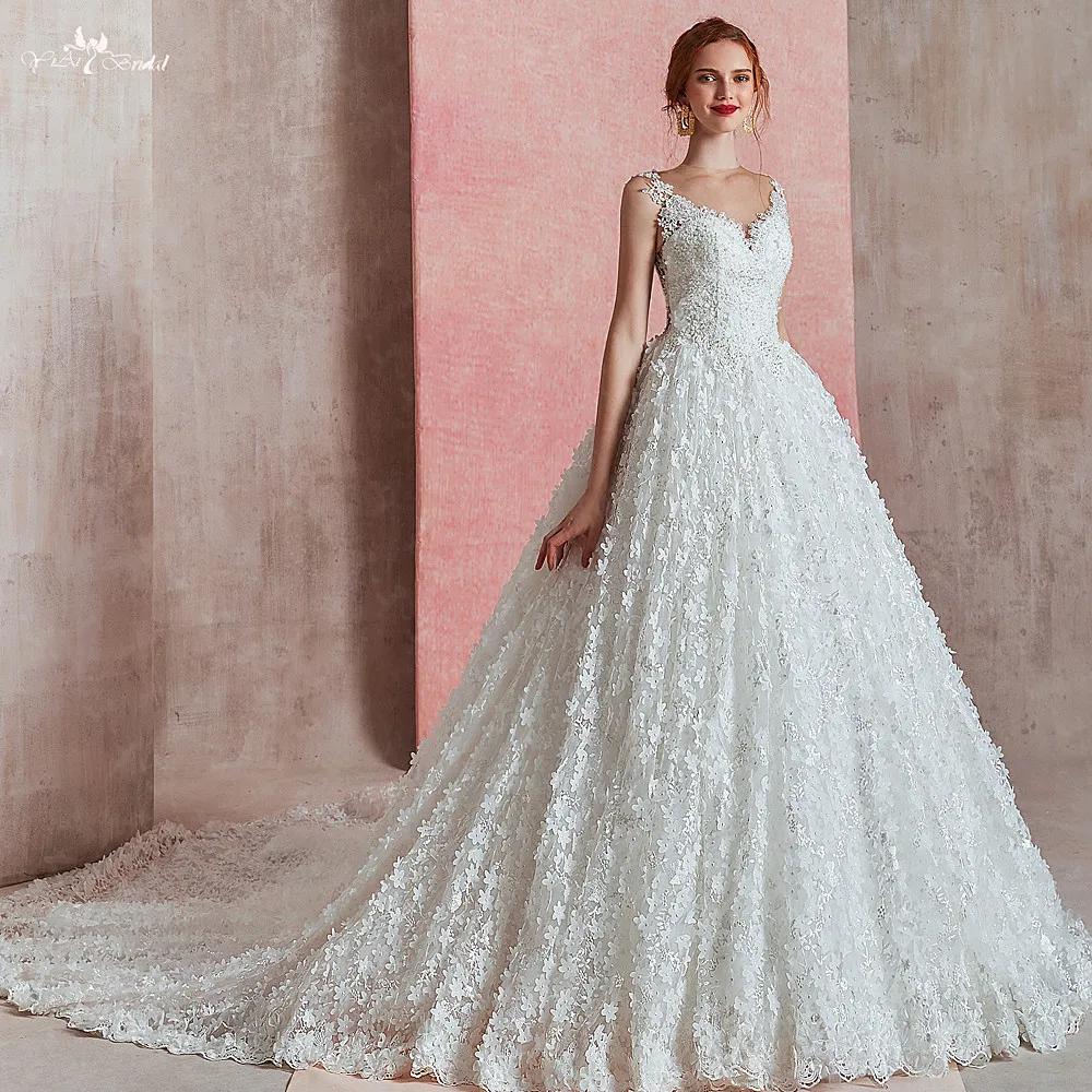 RSW1584 Vestido de Noiva без рукавов кружева 3D Цветы Пышная юбка Сексуальная Иллюзия спина свадебные платья и платья