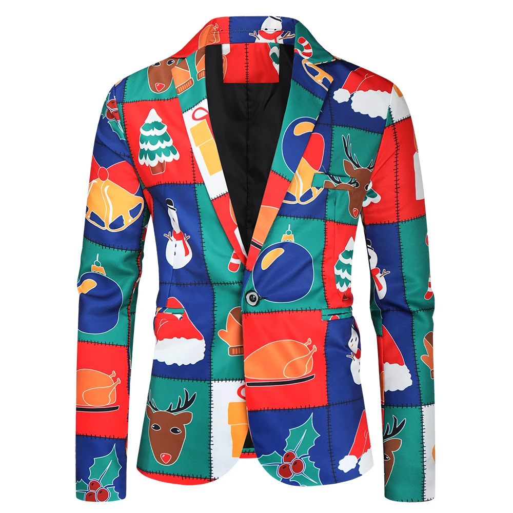 

10 Colors Christmas Letter Printed Men Blazer Jacket Fashion Casual Buttons Christmas Printed Suit Blazers Costumes Coat M-4XL