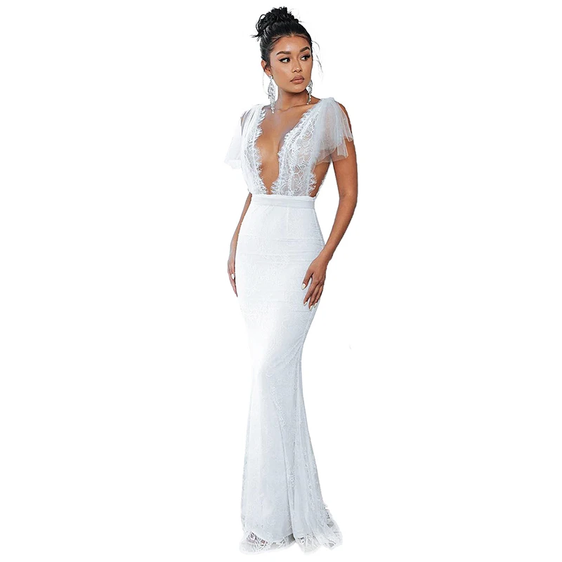 Adogirl черное белое с глубоким v образным вырезом кружевное платье русалки оборками