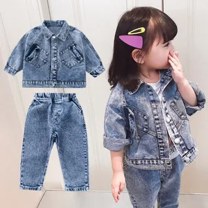 DFXD Girls Clothes Denim Jacket Coat+Jeans Pant New Fashion Kids Clothes Set Spring 2pc Cotton Denim Suit For Girls 1-5T Outfit