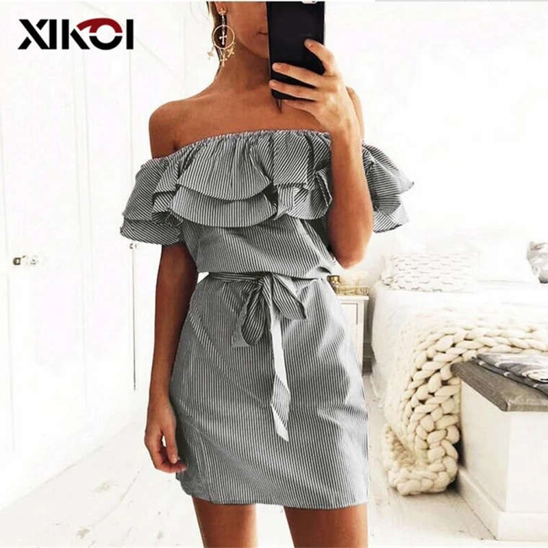 Платье XIKOI женское с вырезом лодочкой Повседневный Сарафан в полоску мини-платье