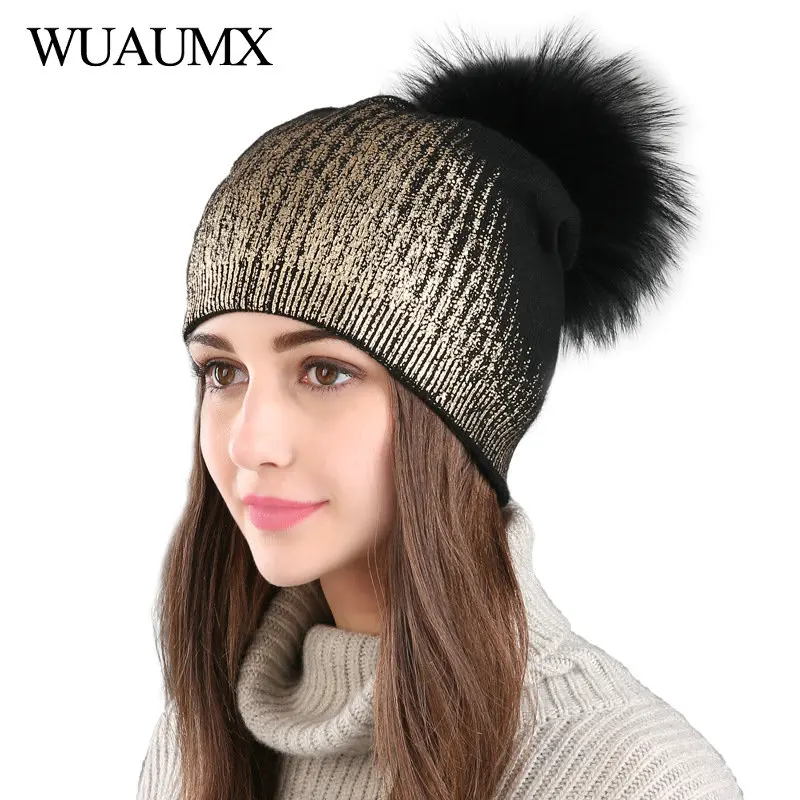 Wuaumx женские зимние шапки Skullies Beanies, шапка для женщин из натурального меха енота, вязаная шерстяная шапка с помпоном, шапка с серебристым и золотистым принтом