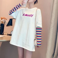 spring woman oversized long sleeve tshirts rainbow korean kpop tops clothes purple medium length loose patchwork femme mujer