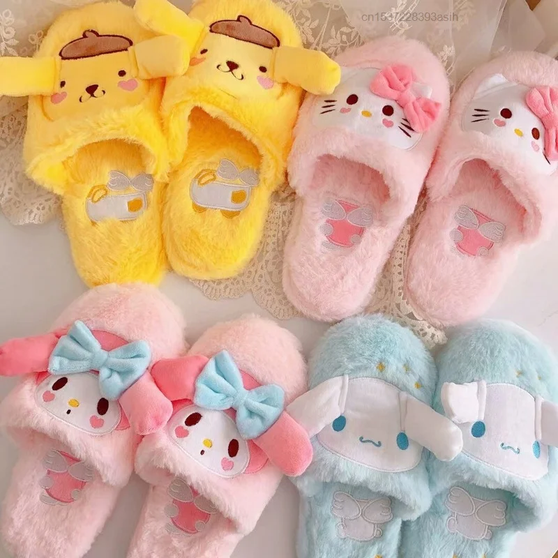 Sanrio-zapatillas de algodón con dibujos de Hello Kitty para niña, chanclas deslizantes de felpa para el hogar, chanclas cálidas para interiores, Y2k