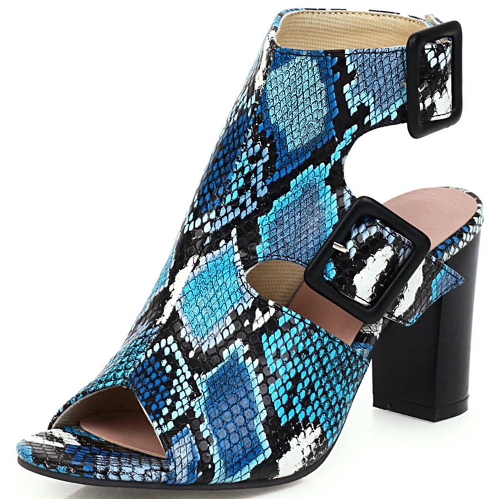 

2021 Spring Women High Heels Fashion Party Snake Printed Female Heel Sandals Buckle Strap 8Cm Square Heel Lady High Heels
