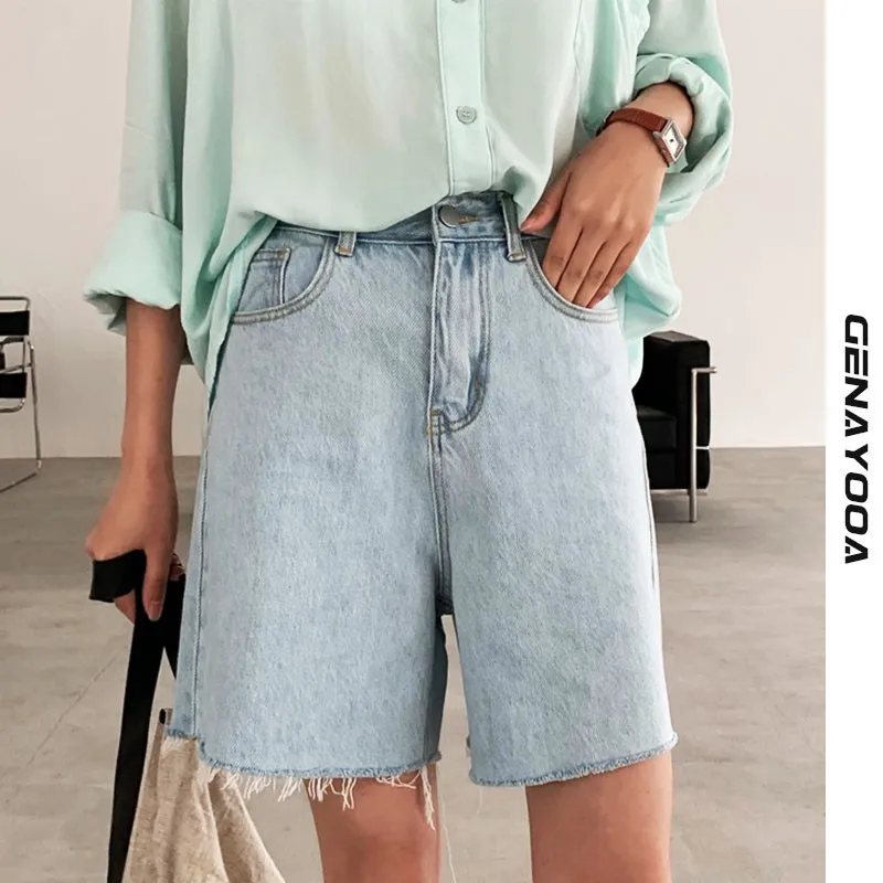 

FAKUNTN Genayooa Streetwear Biker Shorts Women Korean Style 2021 Summer Cotton Denim Shorts Jeans High Waist Cool Short Feminino