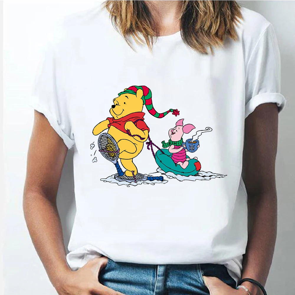 

New Disney Tee Shirt Femme Winnie The Pooh Bear Piglet Casual Cartoon Printing Clothing Unisex Women O-Neck Short Sleeve T-Shirt