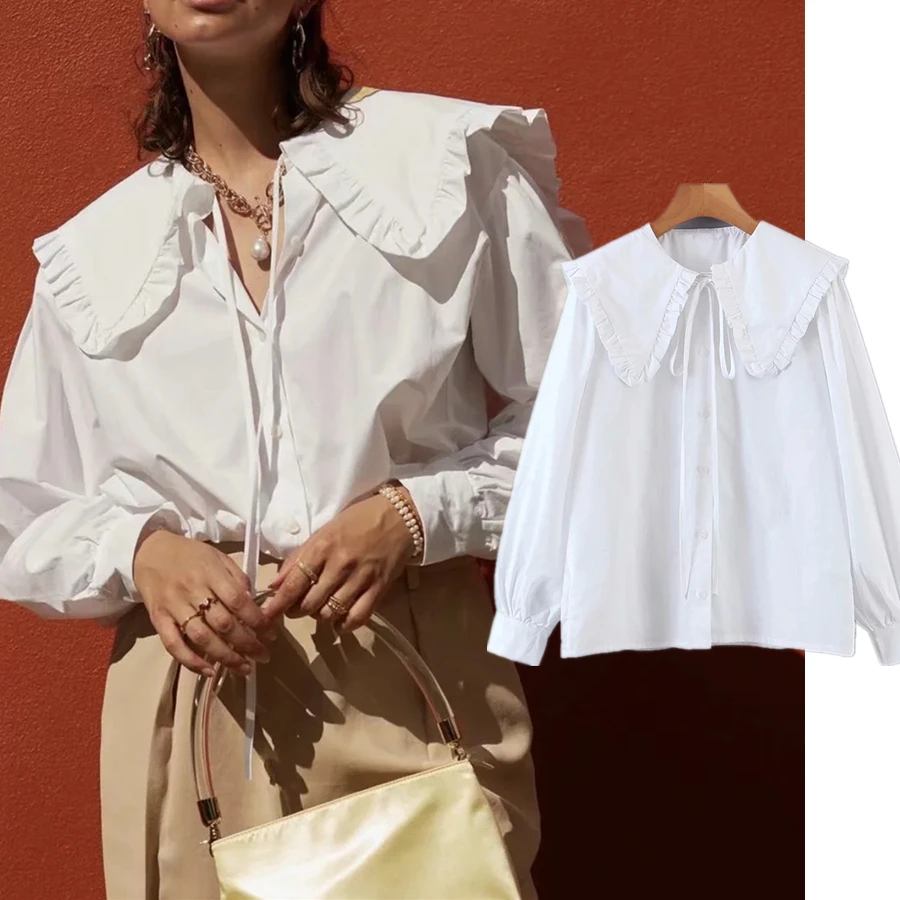 

Elmsk Blusas Mujer De Moda 2021Autumn Blouse Women Ins Fashion Vintage Peter Pan Collar Oversize Cotton Shirt Women Tops