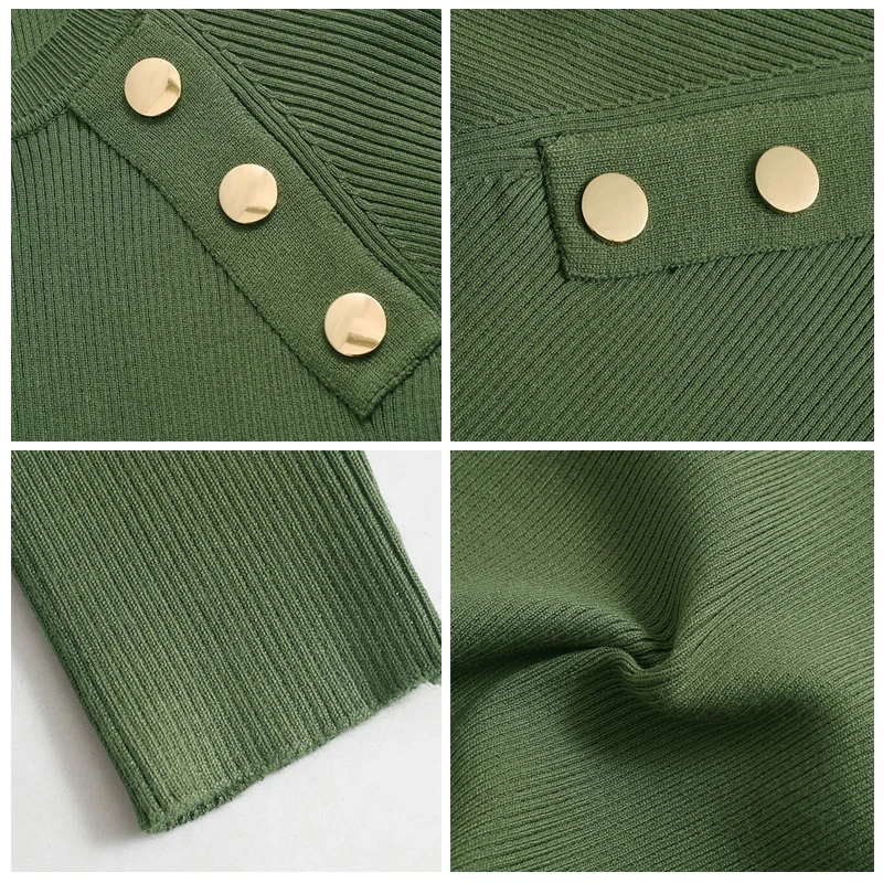 ROHOPO круглый воротник передние кнопки тонкий свитер длинный рукав черный зеленый