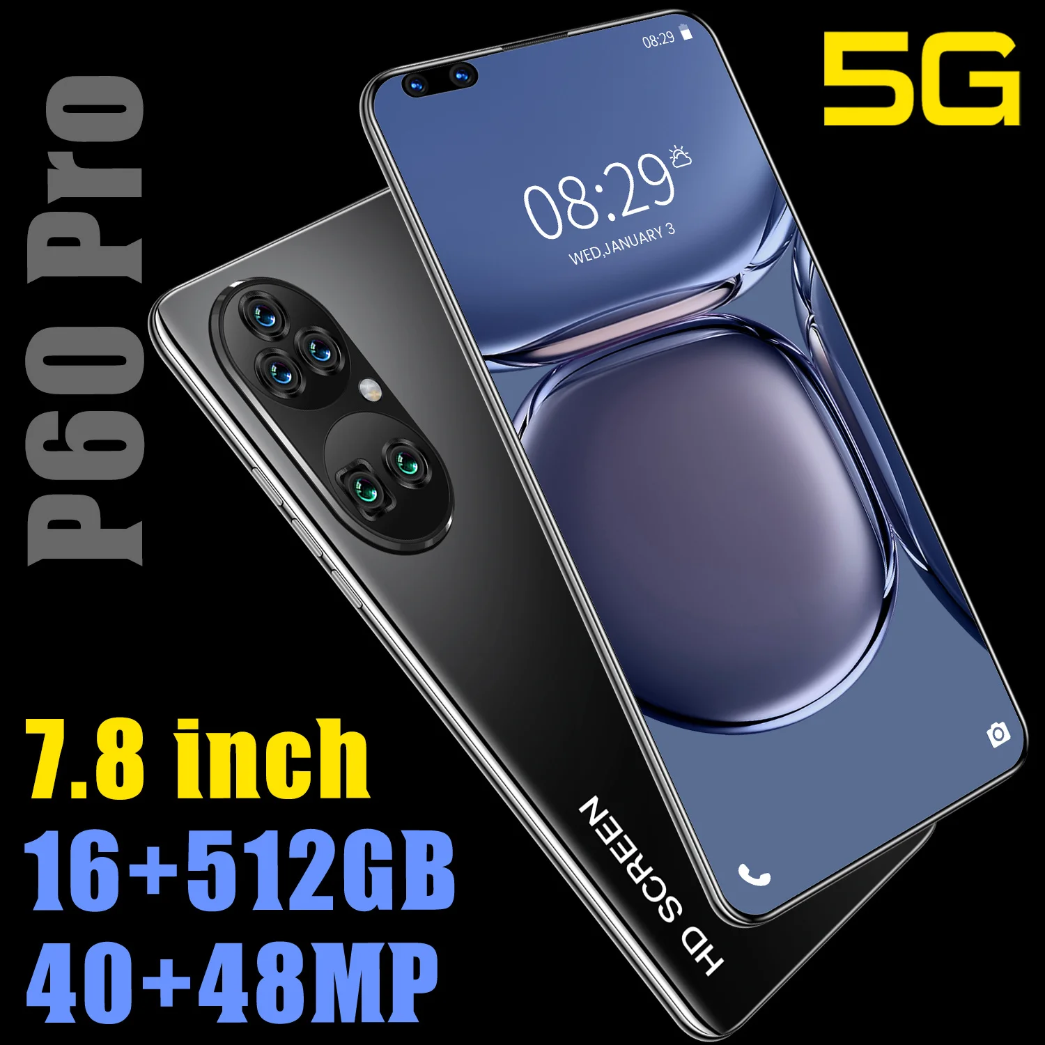 

Global Version P60 PRO 7.8 Inch Water Drop Screen Android 11.0 Smartphone 16GB RAM 512GB ROM 40MP+48MP 5600mAh Dual Sim 5G Phone