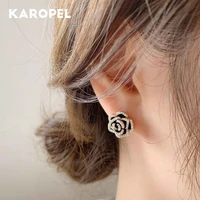 classic black camellia flower pearl earrings for woman elegant korean fashion jewelry wedding party girls sexy accessories