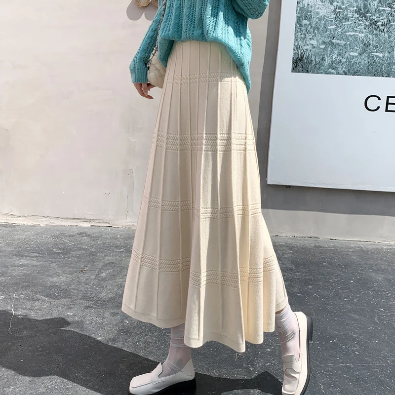

Limiguyue Women Long Knit Skirts Autumn Winter Korean A-line Pleated Skirts Retro Big Swing High Waist Midi Faldas Mujer K3769