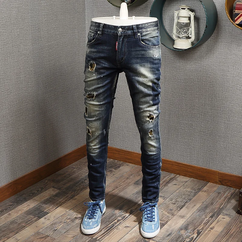 European American Street Fashion Men Jeans Retro Blue Elastic Slim Ripped Jeans Men Painted Designer Hip Hop Denim Punk Pants