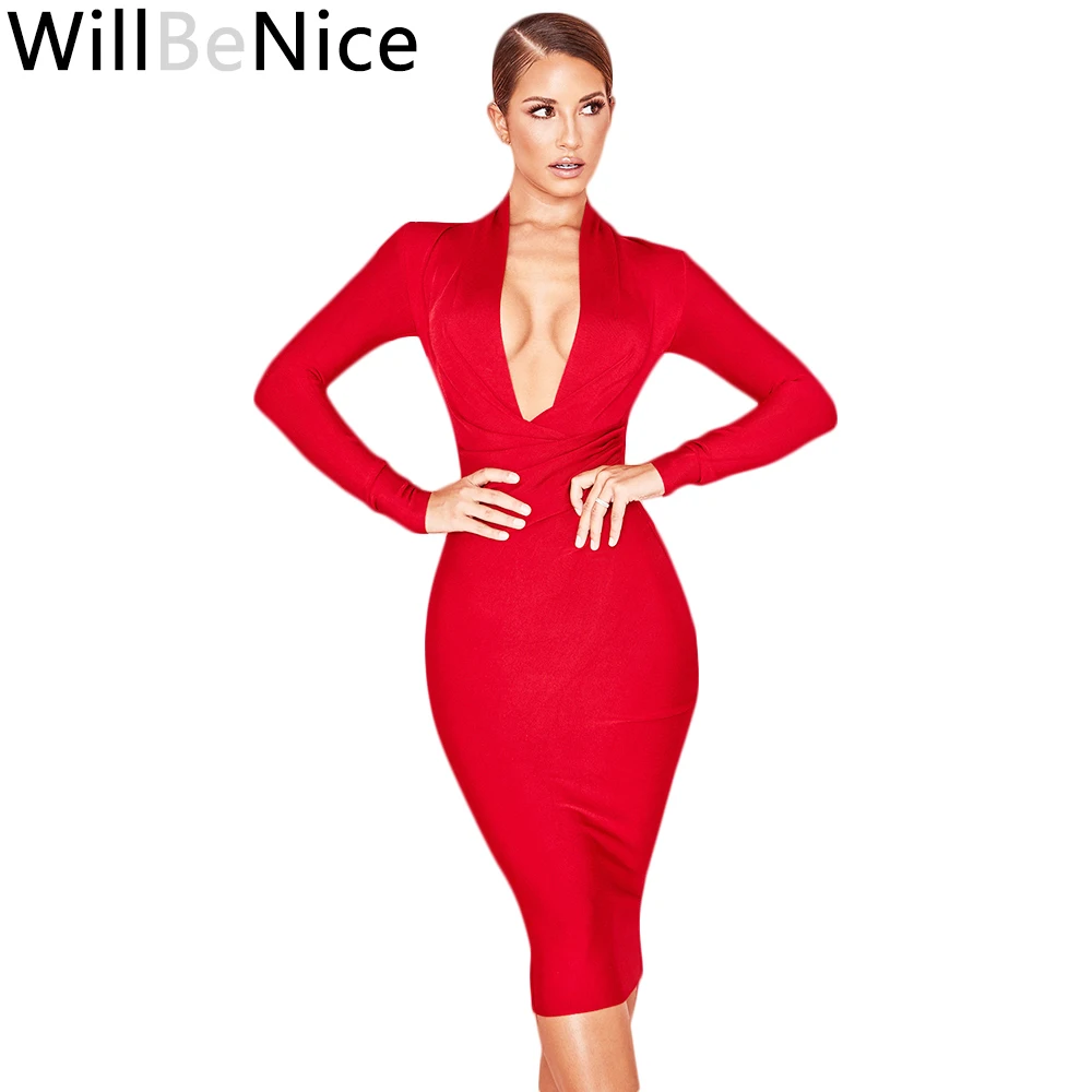 Женское Бандажное платье WillBeNice красное белое облегающее женское с глубоким V